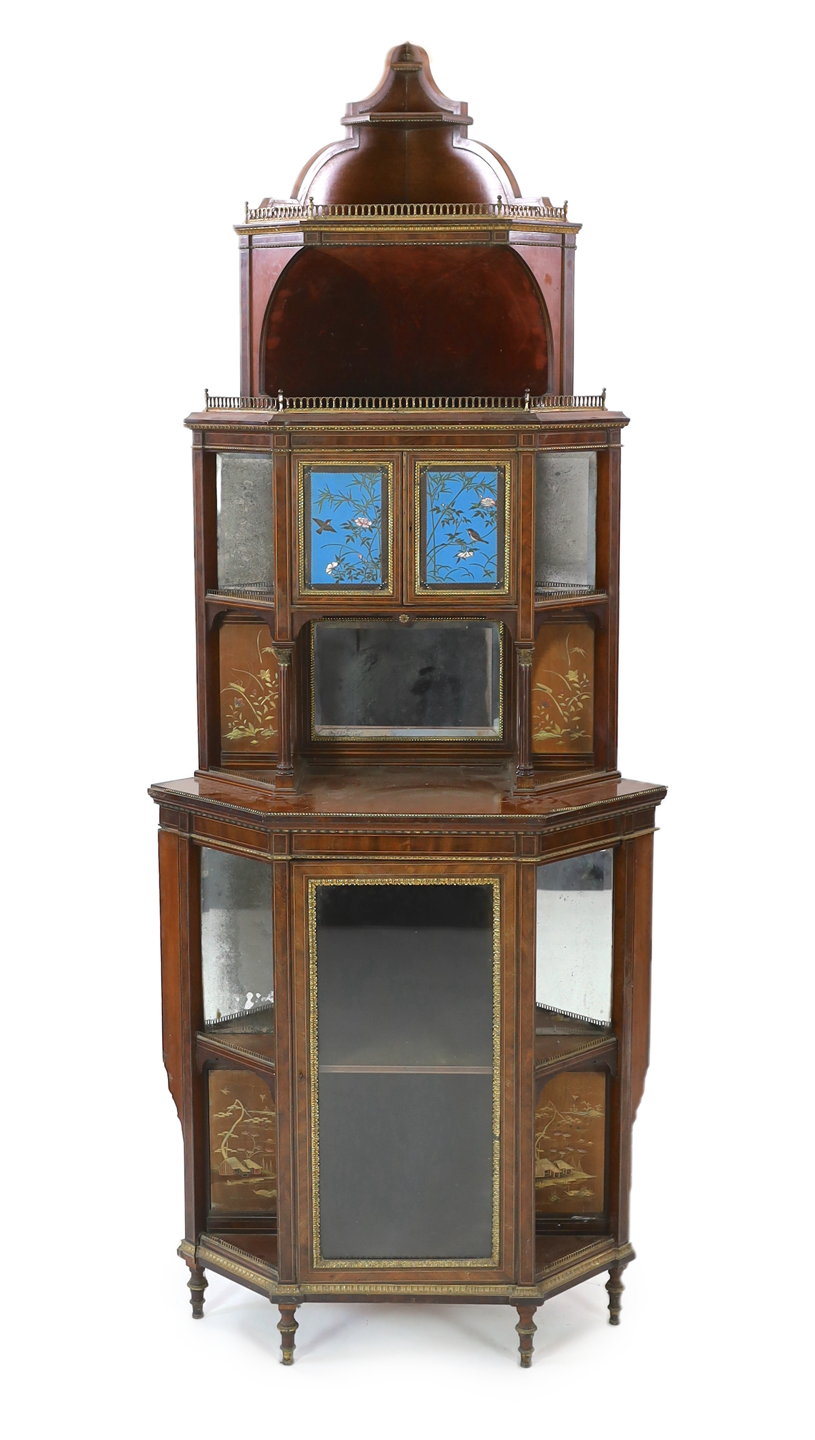 An unusual Anglo-Japanese inlaid mahogany standing corner cabinet, by Holland & Sons, c.1880, width 98cm, height 258cm